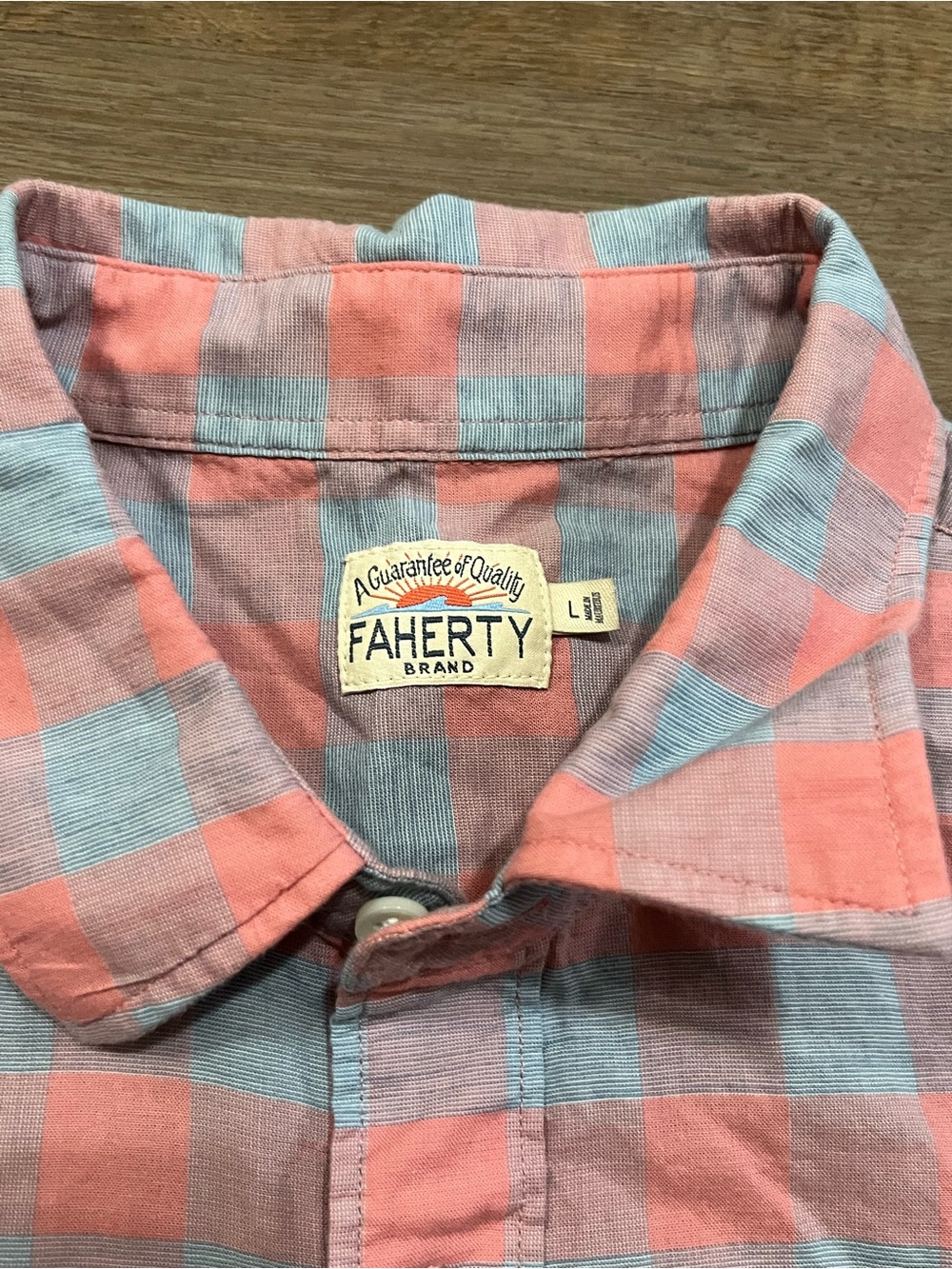 Faherty Stretch Summer Blend Shirt | Pink & Light Blue Buffalo Check | Large - Picture 5 of 7